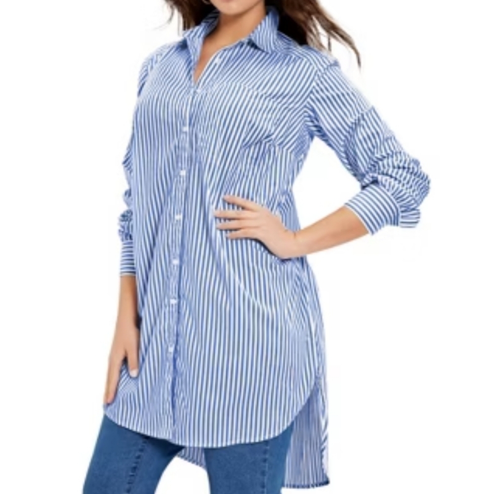 Blue and White Striped Button-Up Shirt/Dress - Picture 1 of 2